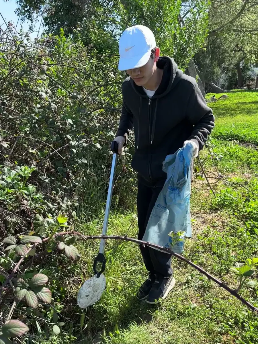 A volunteer using a grabber to collect litter from the brush